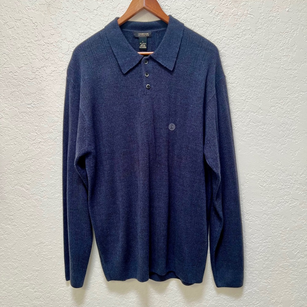 Cambridge Classics VTG Mens L Midnight Marl Blue Knit Long Sleeve Polo Sweater